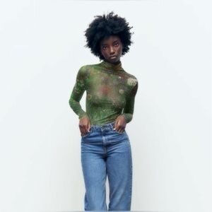 Zara Olive Green Sheer Printed Long-Sleeve Bodysuit